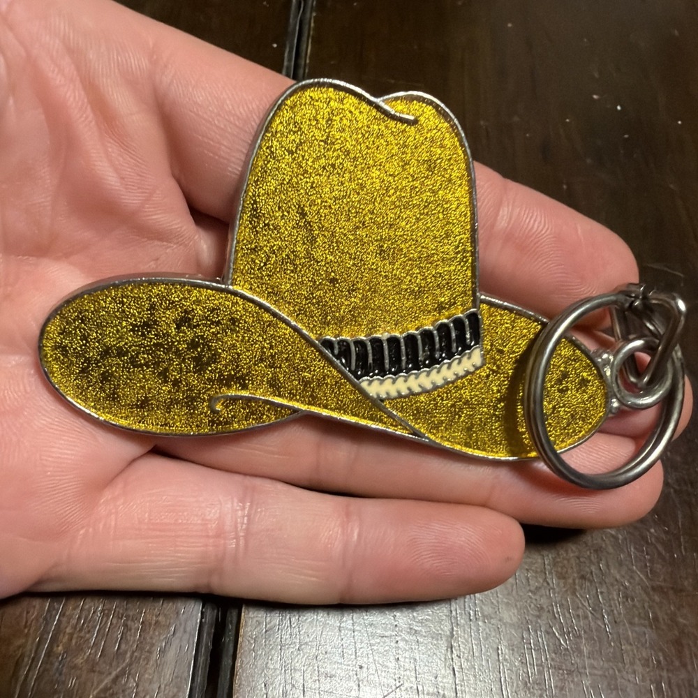 Vintage Bromar Cowboy Hat Keychain Yellow Glitter Enamel Western Keyring Vtg